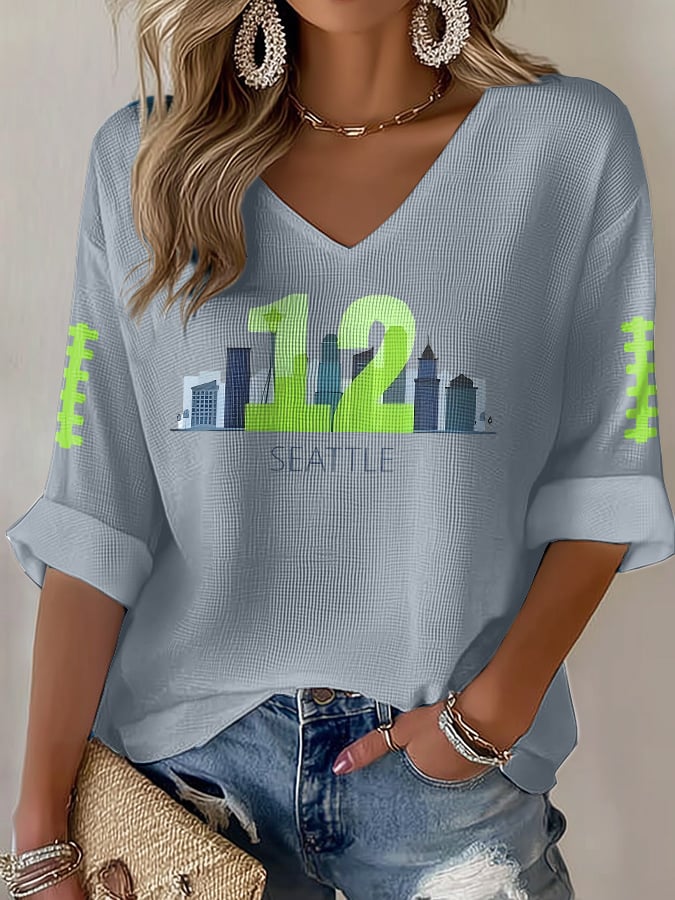 Women's Rugby Print Waffle Long Sleeve T-Shirt