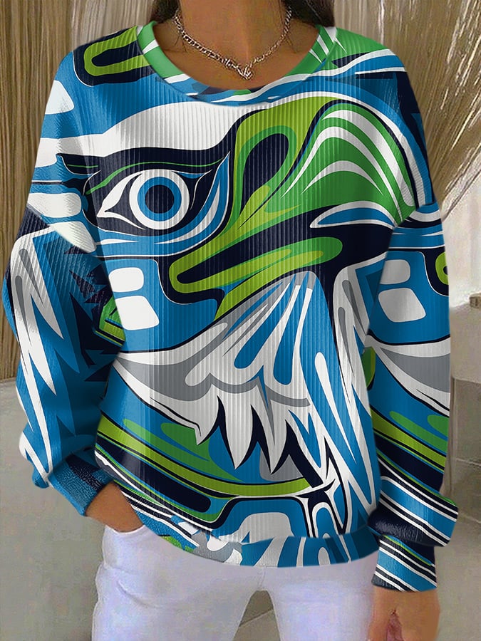 Women's Rugby Print Knit Crew Neck Long-Sleeved Top