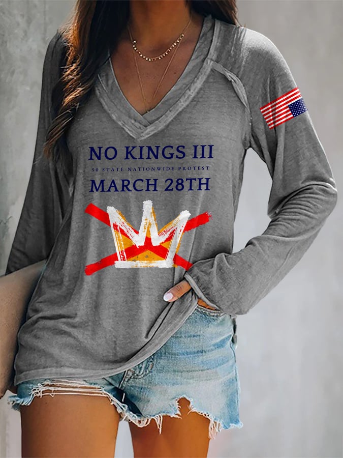 🔥Buy 3 Get 15% Off🔥V-neck Retro No Kings III 50 State Nationwide Protest March 28th Print T-Shirt