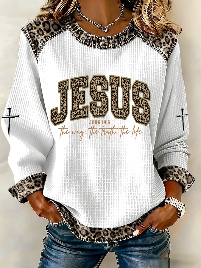 Women's The Way The Truth The Life Leopard Print Long-Sleeve Sweatshirt