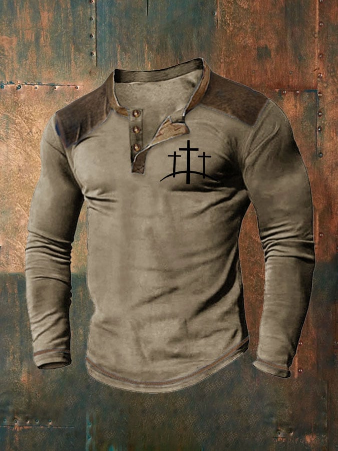 Men's Cross Printed Henley Collar Shirt