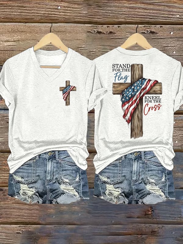 Women's Stand For The Flag Kneel For The Cross Printed Casual T-Shirt
