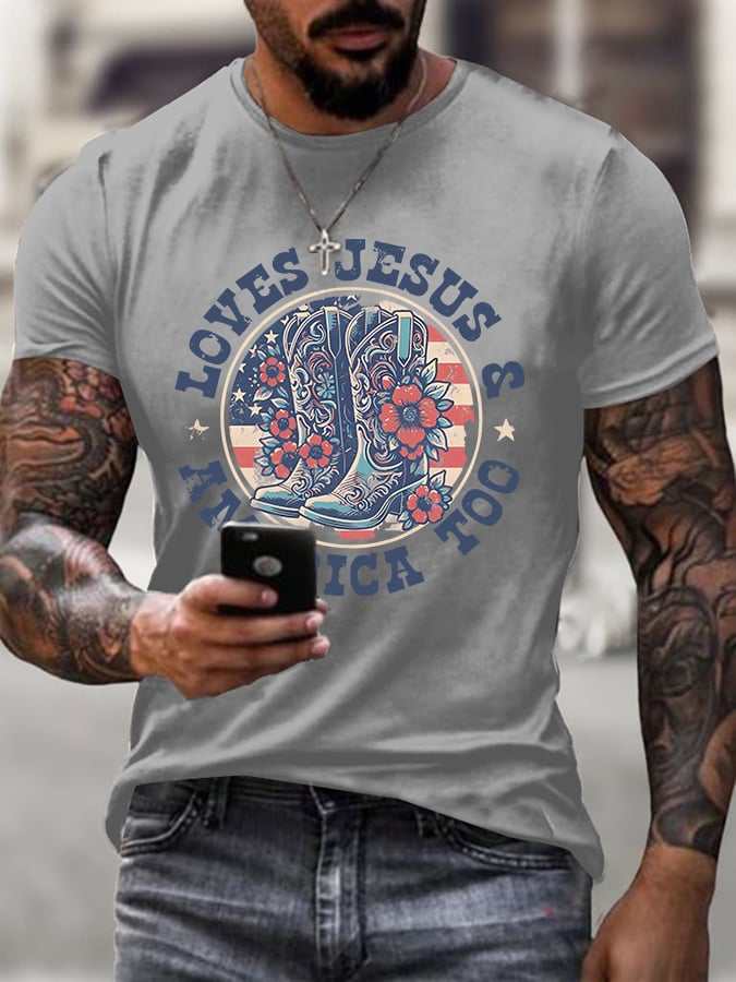 Men'S Casual "Love Jesus, Love America" Faith Short Sleeve T-Shirt