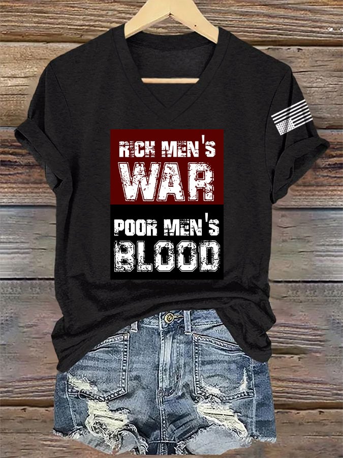 🔥Buy 3 Get 15% Off🔥V-Neck Retro Rich Men's War Poor Men's Blood Print T-Shirt
