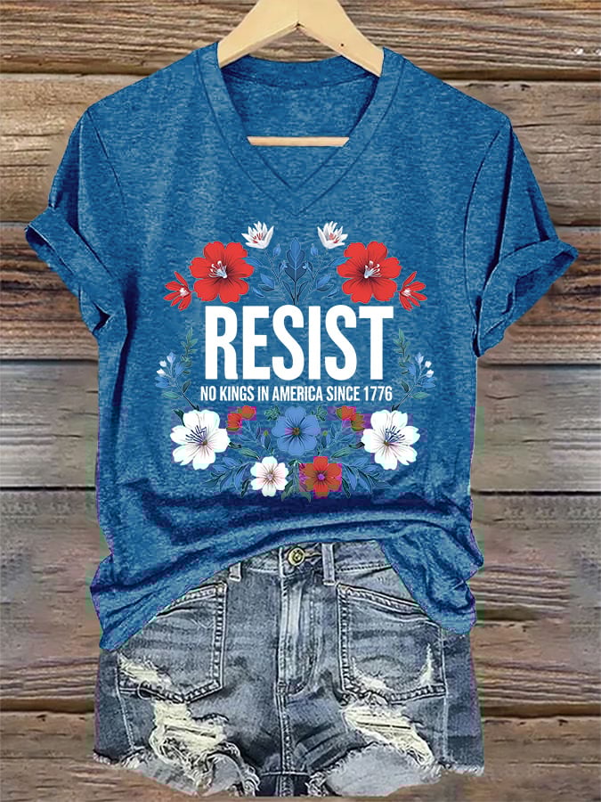🔥Buy 3 Get 15% Off🔥V-Neck Retro Resist No Kings In America Since 1776 Print T-Shirt