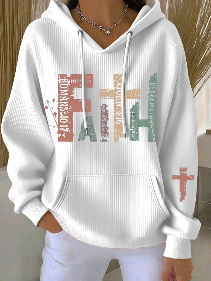 Women's Faith Cross Contrast Print Casual Hooded Sweatshirt