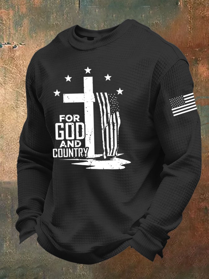 Men's USA Flag Cross For God And Country Print Casual Waffle T-Shirt