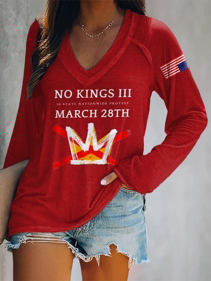 🔥Buy 3 Get 15% Off🔥V-neck Retro No Kings III 50 State Nationwide Protest March 28th Print T-Shirt