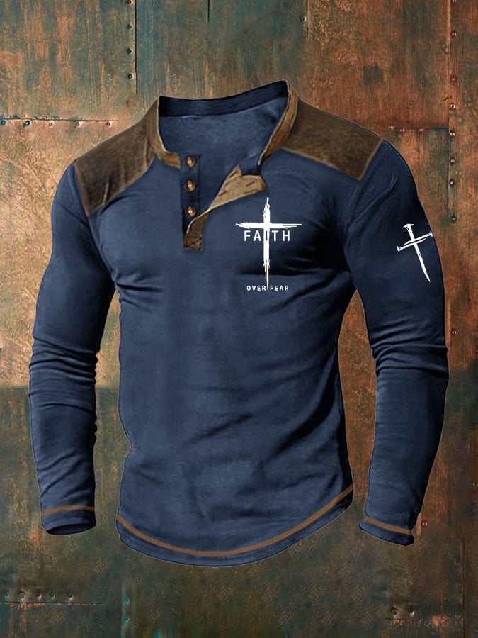 Men's Faith Over Fear Cross Printed Henley Collar Shirt