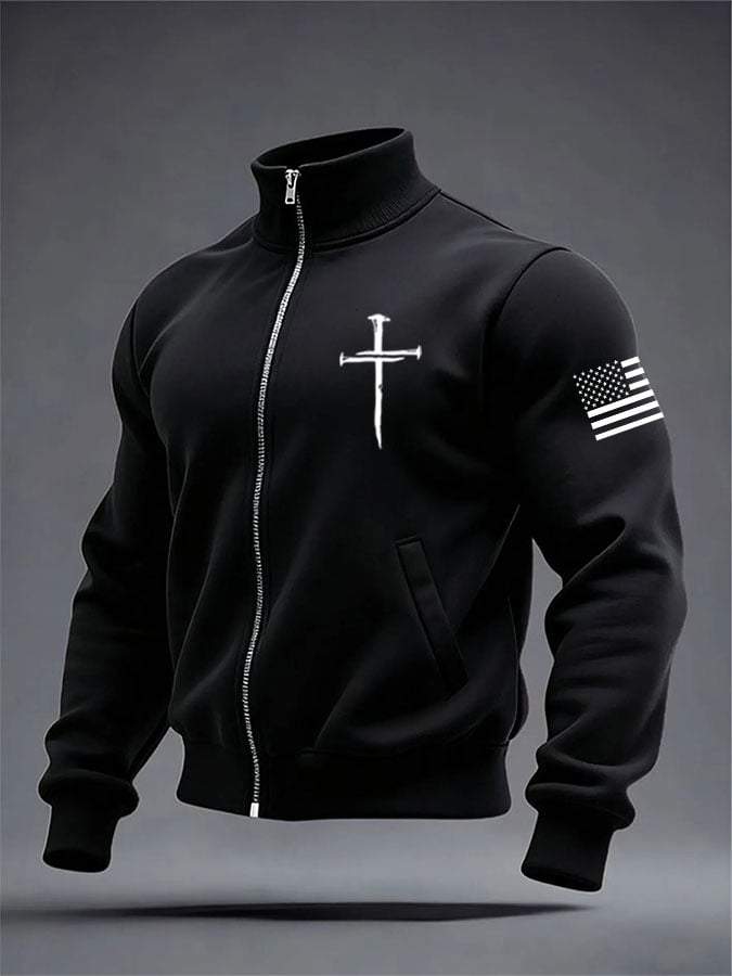 Men's Faith Cross Print Stand Collar Pocket Sweatshirt