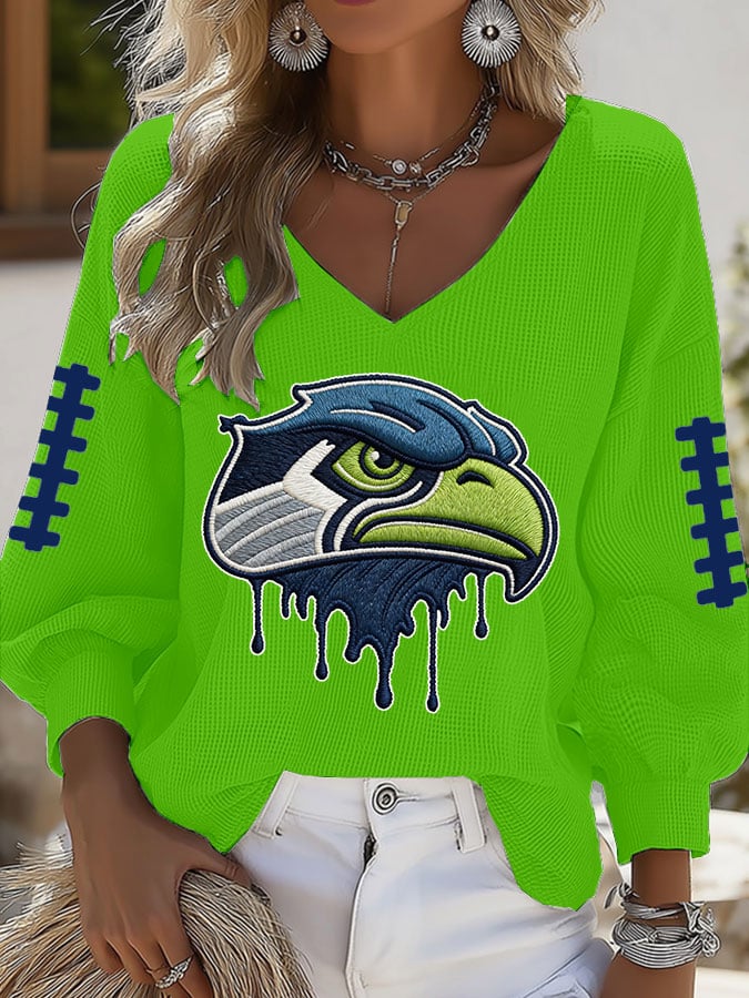 Women's Football Print V-neck Waffle Knit T-shirt