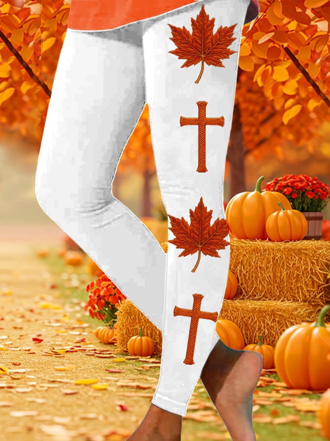 Women’s Retro Autumn Pumpkin Cross Print Leggings