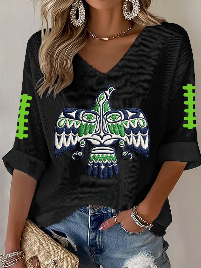 Women's Football Print Waffle Long Sleeve T-Shirt