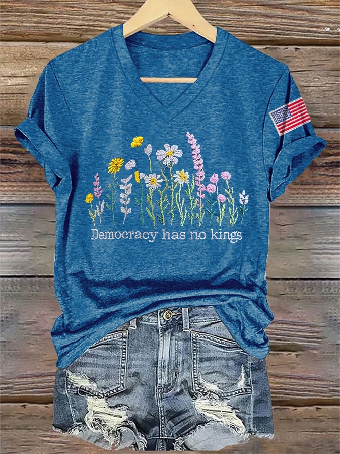 🔥Buy 3 Get 15% Off🔥V-Neck Retro Democracy Has No Kings Print T-Shirt