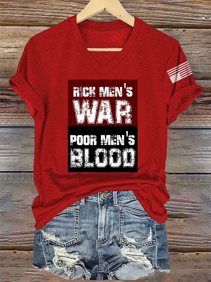 🔥Buy 3 Get 15% Off🔥V-Neck Retro Rich Men's War Poor Men's Blood Print T-Shirt