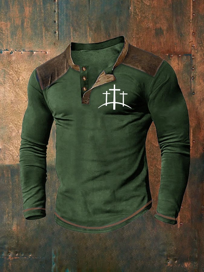 Men's Cross Printed Henley Collar Shirt