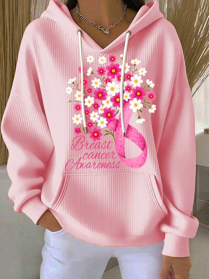 Women's Breast Cancer Floral Print Casual Hoodie