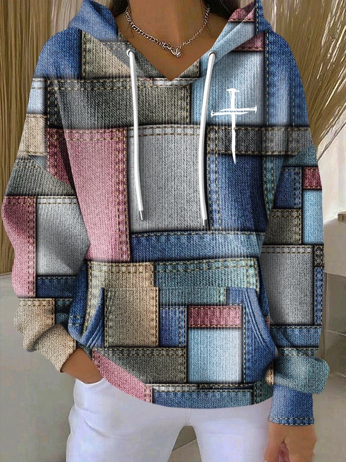 Women's Casual Retro Color Block Contrast Print Faith Texture Hoodie