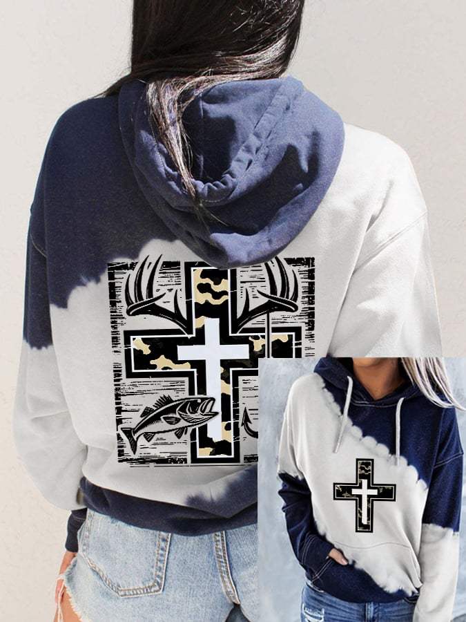 Women's Retro Faith Fishing Hunting Print Hoodie