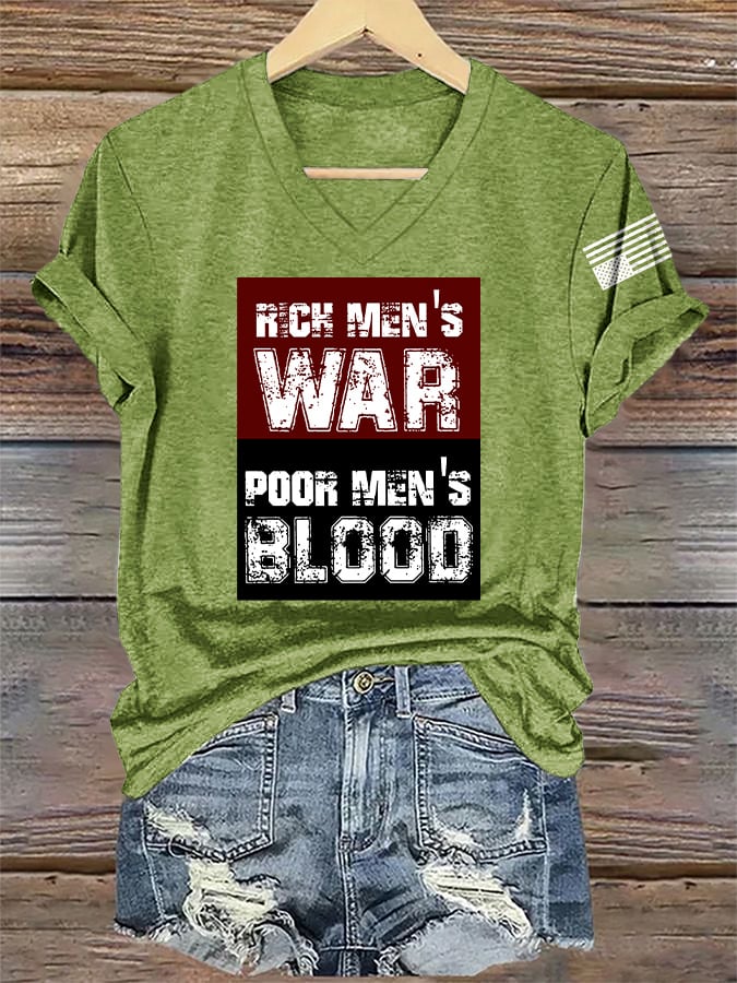 🔥Buy 3 Get 15% Off🔥V-Neck Retro Rich Men's War Poor Men's Blood Print T-Shirt