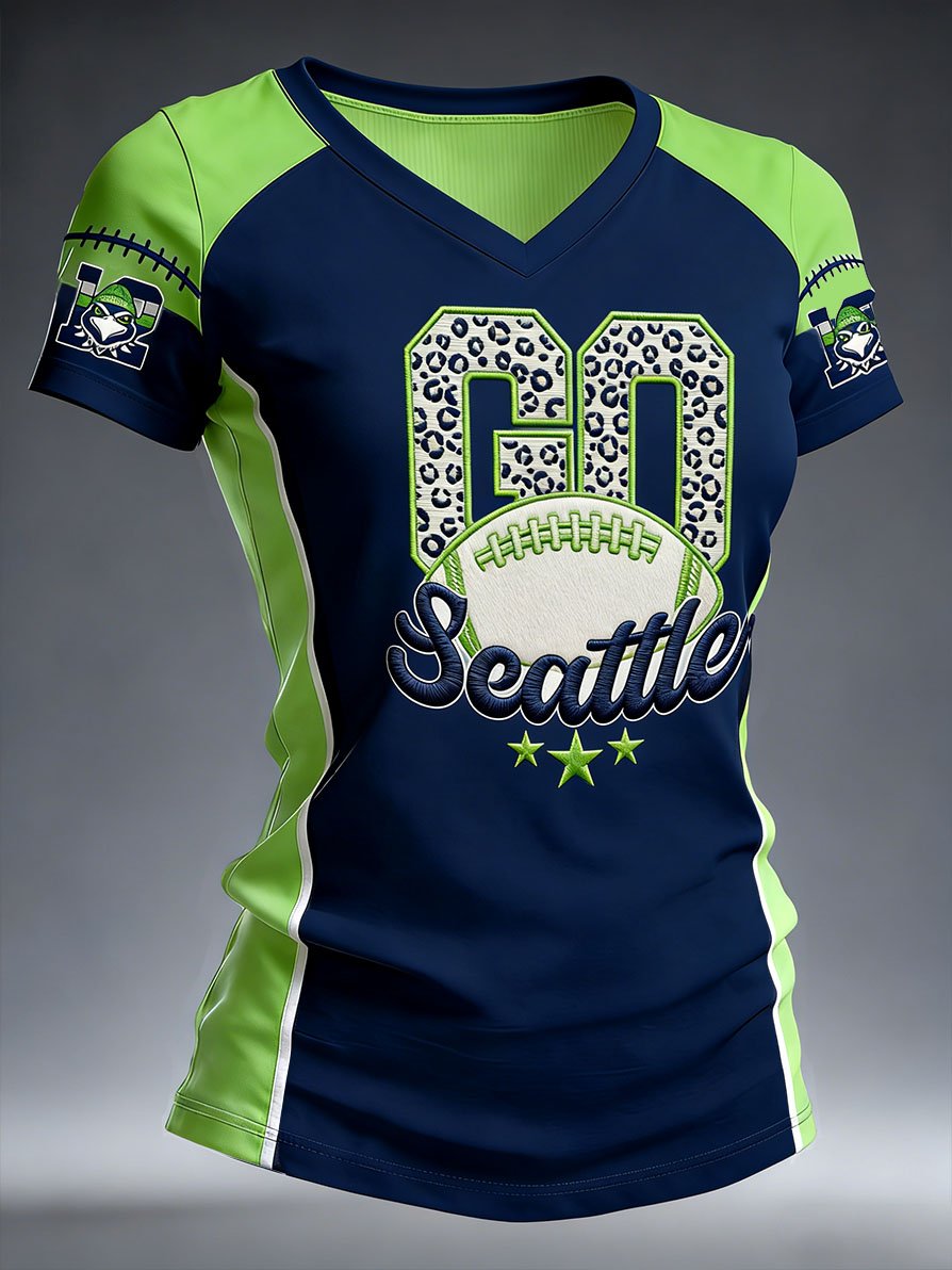 Women's Fashion Seattle Football Fan V-neck Short-sleeved T-shirt