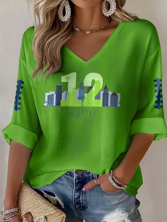 Women's Rugby Print Waffle Long Sleeve T-Shirt