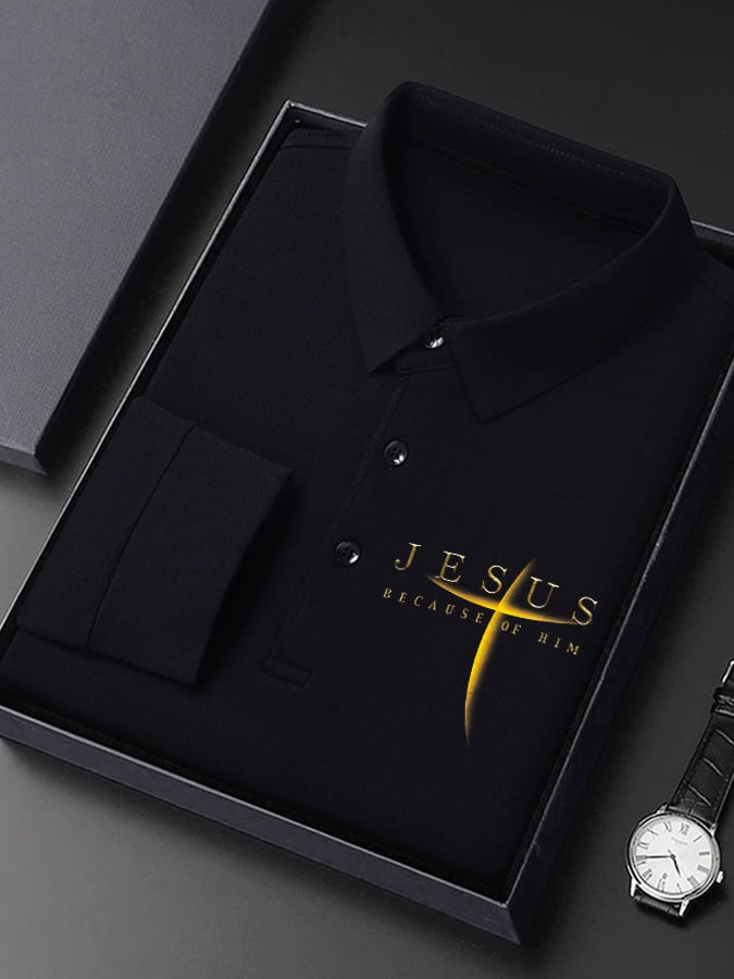 🔥Buy 3 Get 15% Off🔥Men's Vintage Faith “Jesus Because Of Him” Long Sleeves Polo Shirt