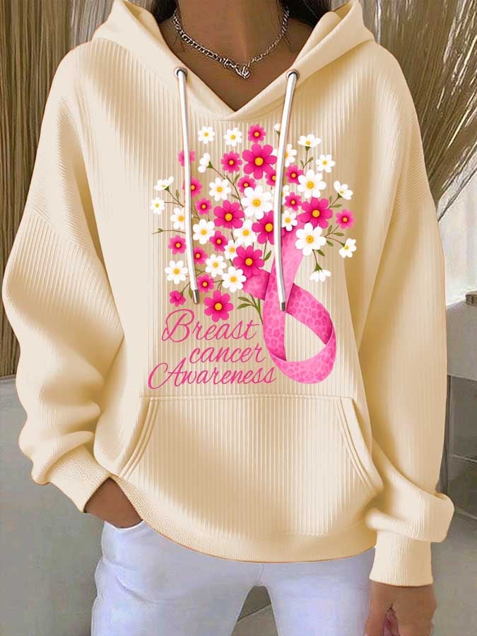 Women's Breast Cancer Floral Print Casual Hoodie
