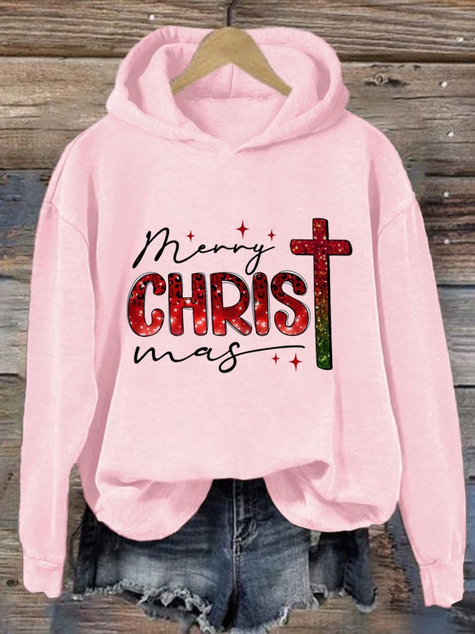 Women's Casual Christmas Art Cross Faith Print Hoodie