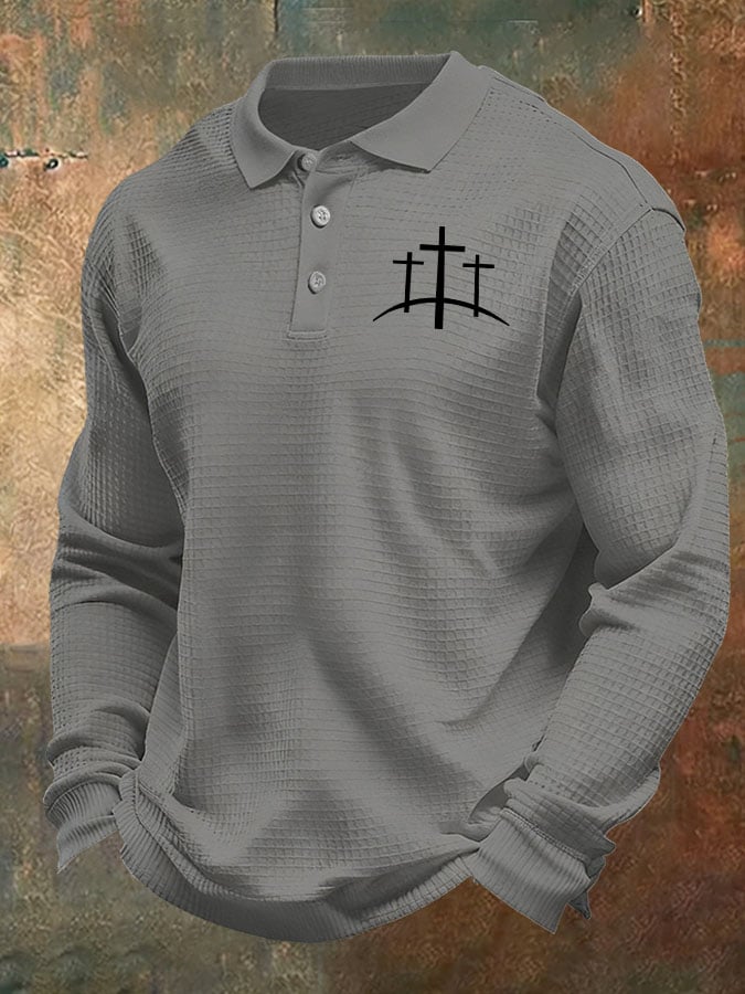 Men's Cross Print Casual Waffle Shirt