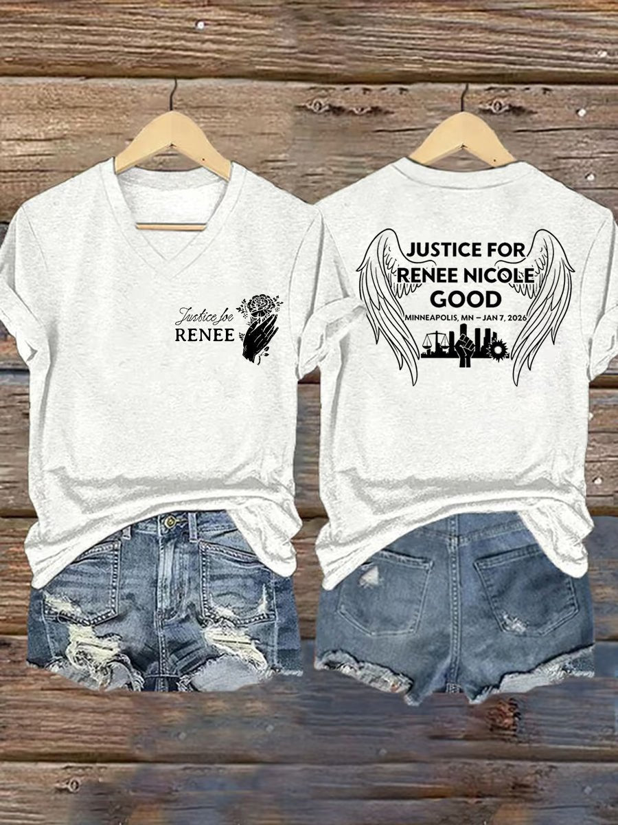 V-Neck Retro Wings Justice For Renee Nicole Good Print T-Shirt