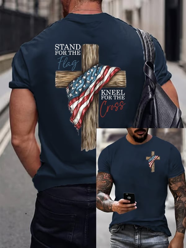 Men's Stand For The Flag Kneel For The Cross Printed Casual T-Shirt