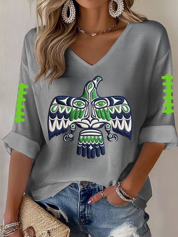 Women's Football Print Waffle Long Sleeve T-Shirt
