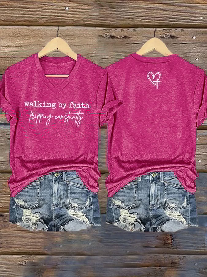 Women's Walking By Faith Tripping Constantly Print T-Shirt