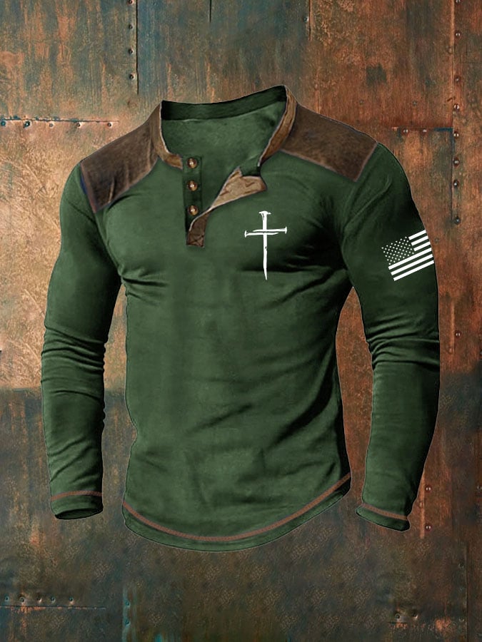 Men's Cross Print Casuasl Henley Collar Shirt