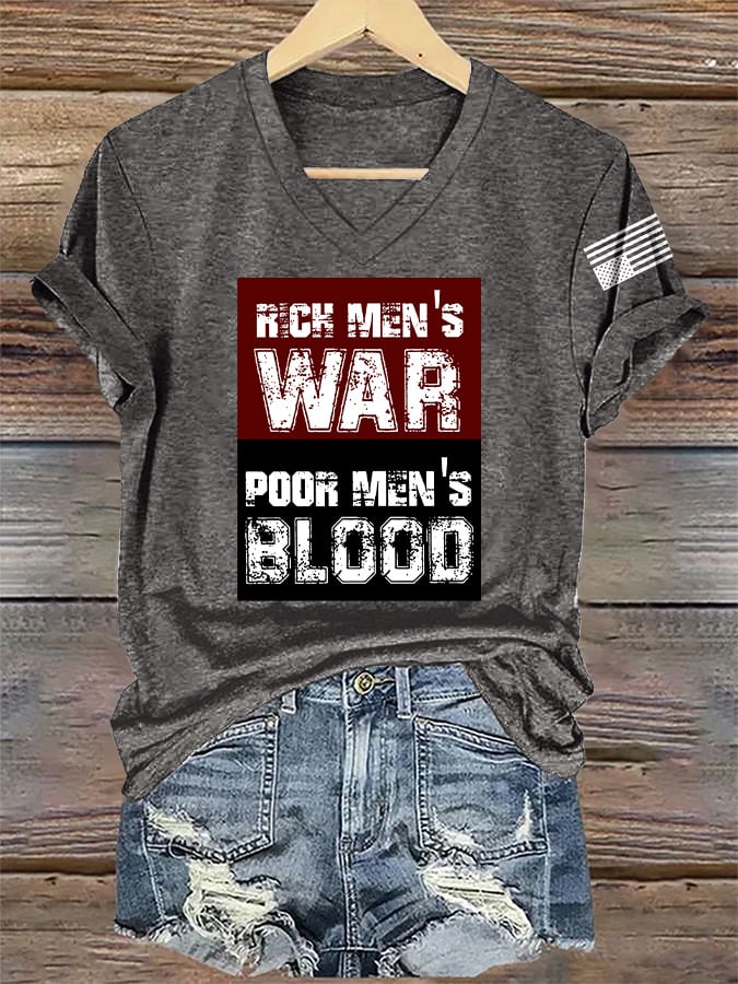 🔥Buy 3 Get 15% Off🔥V-Neck Retro Rich Men's War Poor Men's Blood Print T-Shirt