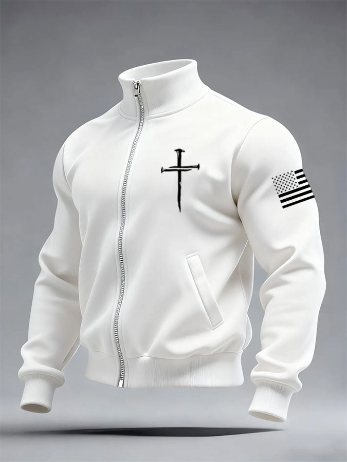 Men's Faith Cross Print Stand Collar Pocket Sweatshirt