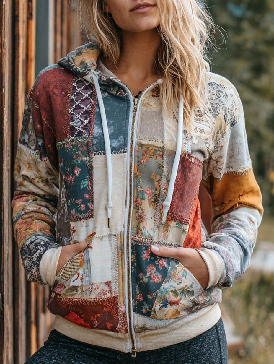 Women's Casual Romantic Floral Print Zipper Jacket