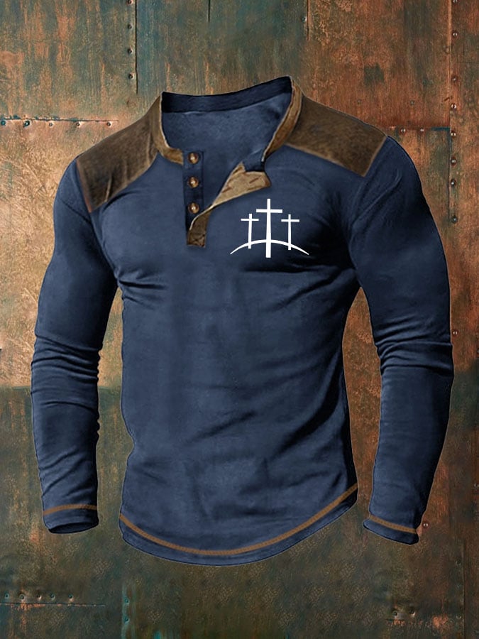 Men's Cross Printed Henley Collar Shirt