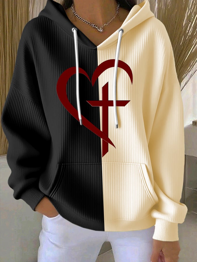 Women's Casual Contrasting Print Faith Textured Hoodie