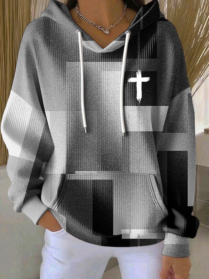 Women's Casual Retro Contrast Color Block Faith Hoodie