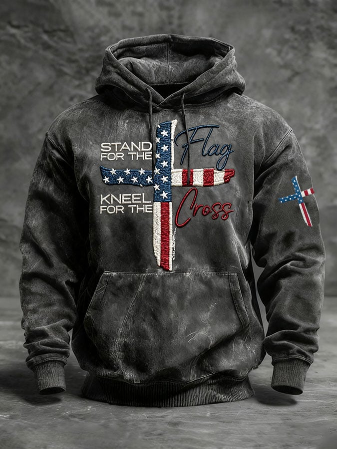Men's Casual STAND FOR THE FLAG KNEEL FOR THE CROSS Cross Printed Long Sleeve Hooded Sweatshirt