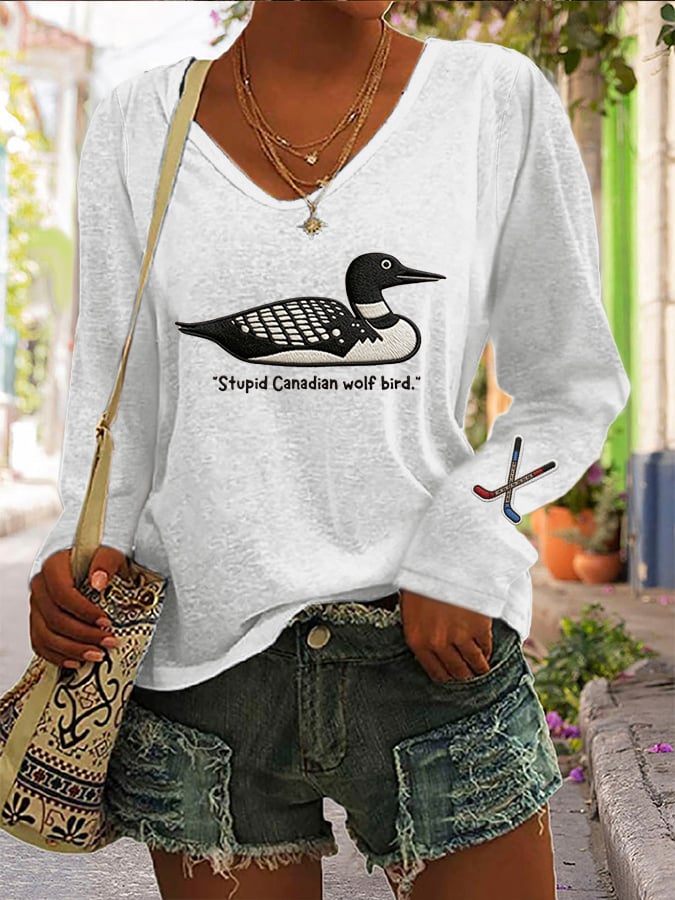 Women's Stupid Canadian wolf bird Print Long Sleeve T-shirt
