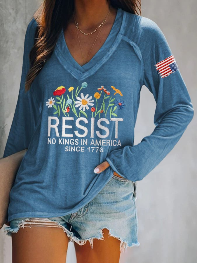 🔥Buy 3 Get 15% Off🔥V-neck Retro Resist No Kings In America Since 1776 Print T-Shirt