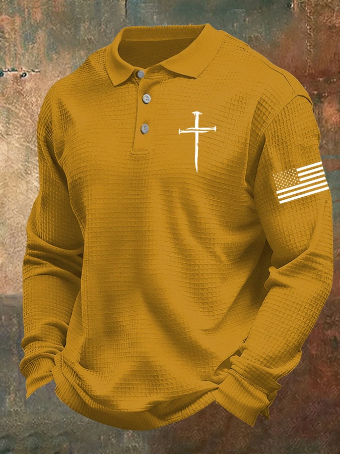 Men's Cross Print Casual Waffle Shirt