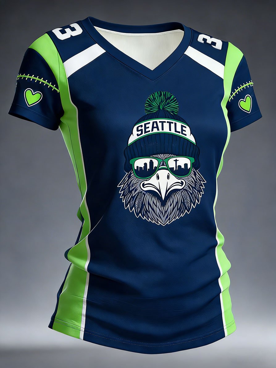 Women's Fashion Seattle Football Fan V-neck Short-sleeved T-shirt
