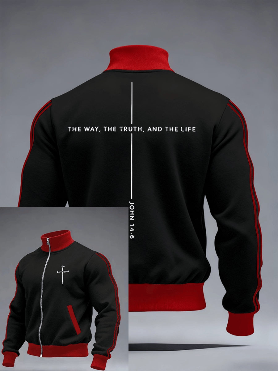 Men's Jesus The Way The Truth The Life John 14:6 Christian Cross Print Zipper Stand Collar Sweater