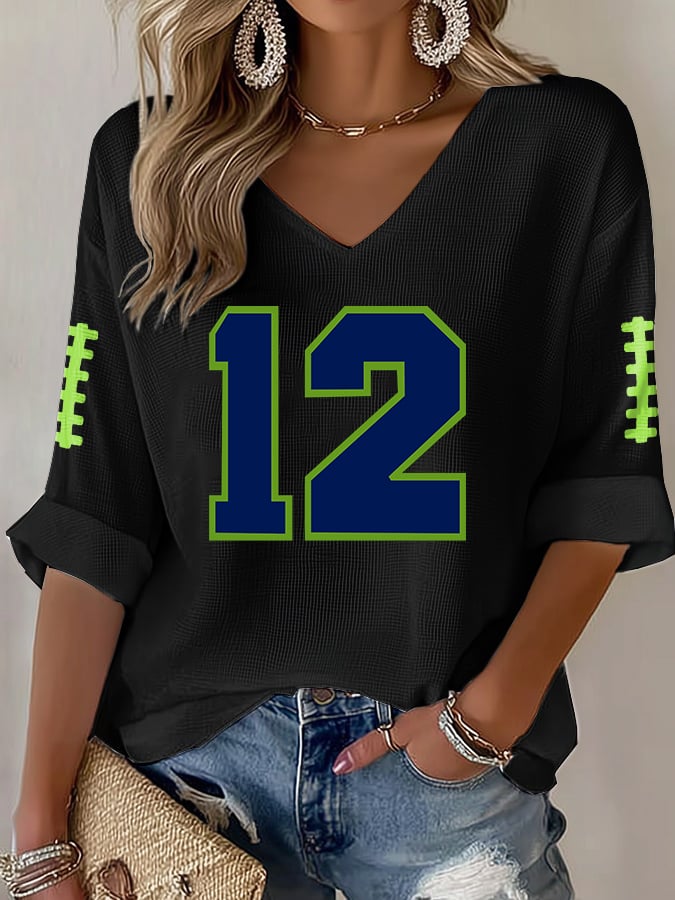 Women's Rugby Print Waffle Long Sleeve T-Shirt