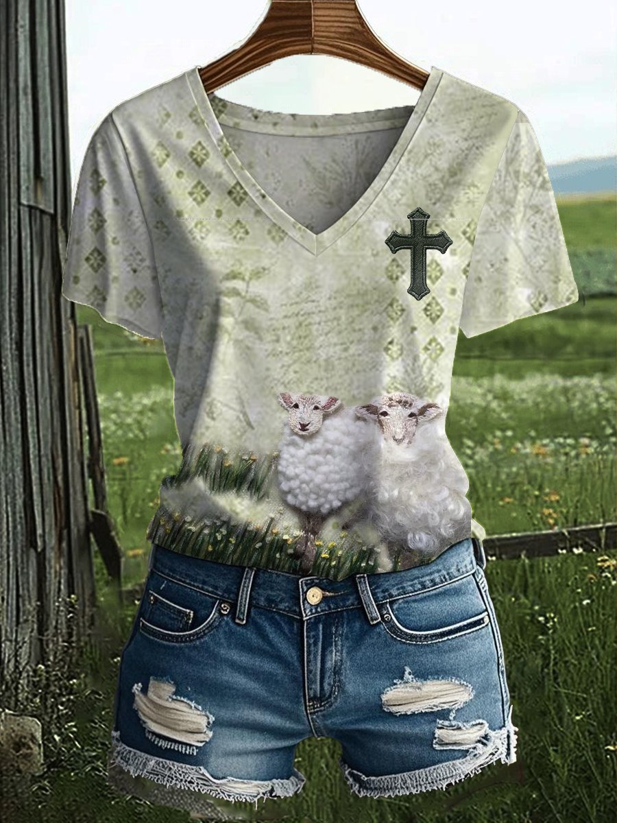 Women's Faith Sheep Print Short Sleeve Top