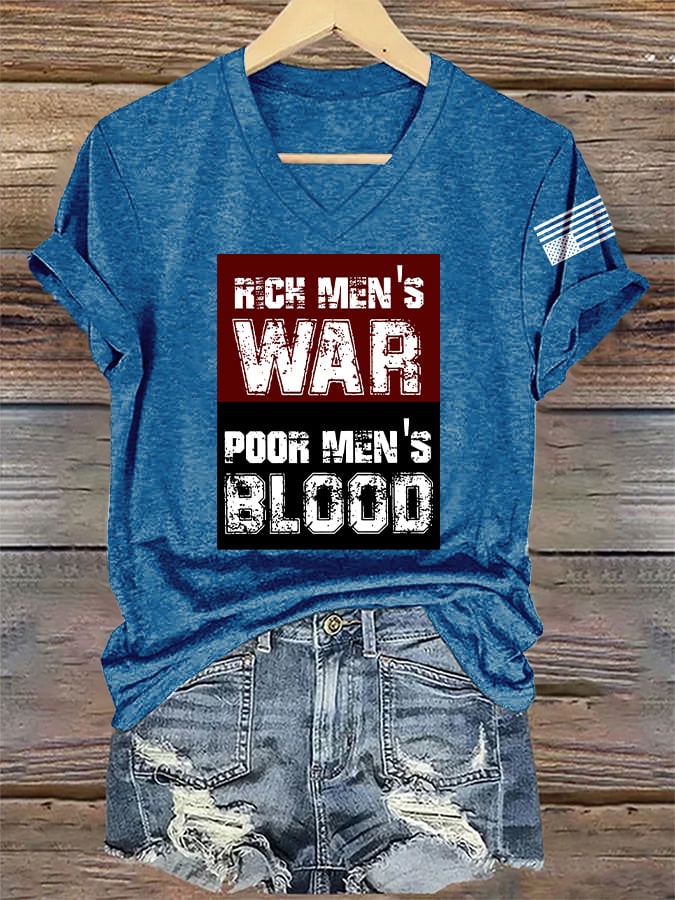 🔥Buy 3 Get 15% Off🔥V-Neck Retro Rich Men's War Poor Men's Blood Print T-Shirt